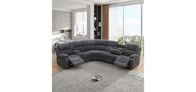 Sienwey Gray Corduroy - Manual Sectional Sofa with Recliner