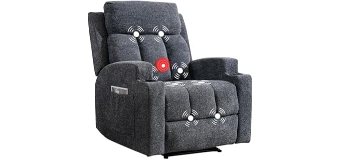 CANMOV Manual Recliner Chair with Massage and Heat, Soft Fabric Recliner Chair with Overstuffed Arm and Back, Manual Reclining Single Sofa with 2 Cup Holders, Side Pocket for Living Room, Dark Grey