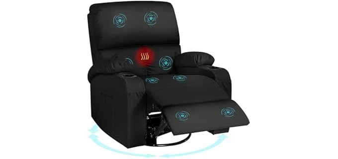 LAFWELL Rocking Recliner Chair, Massage Rocker Recliner Chair with Vibration Massage and Heat, USB and Type-C Ports,360° Swivel Faux Leather Chairs, Living Room, Bedroom, Nursery, RV, Black