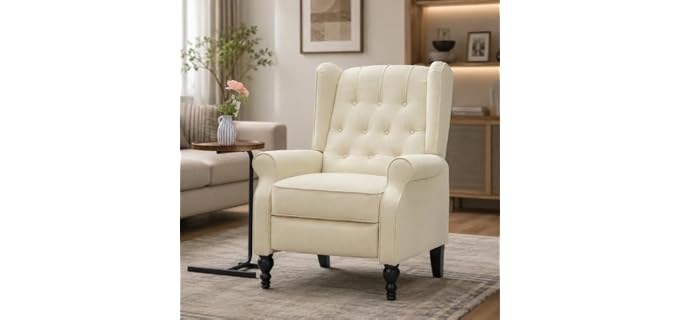 Mid Century Wingback Recliner Chair for Adults, Modern Linen Fabric Push Back Recliner Chairs with Button Tufted Upholstered Back & Footrest, Manual Recliner Chais for Living Room, Nursery, Beige