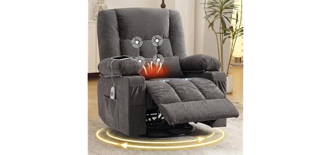 Swivel Rocker Recliner Chair with Vibration Massage and Heat Ergonomic Lounge Chair for Living Room with Rocking Function and Side Pocket, 2 Cup Holders, USB Charge Port