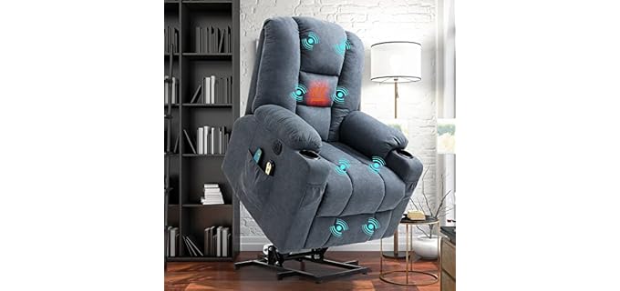 W WARMHOL Electric Power Lift Recliner Chair with Heat and Massage Lift Recliner for Elderly, Single Sofa recliners for Living Room with Cup Holders, 4 Pockets, USB Ports, Soft Fabric (Gray-Blue)